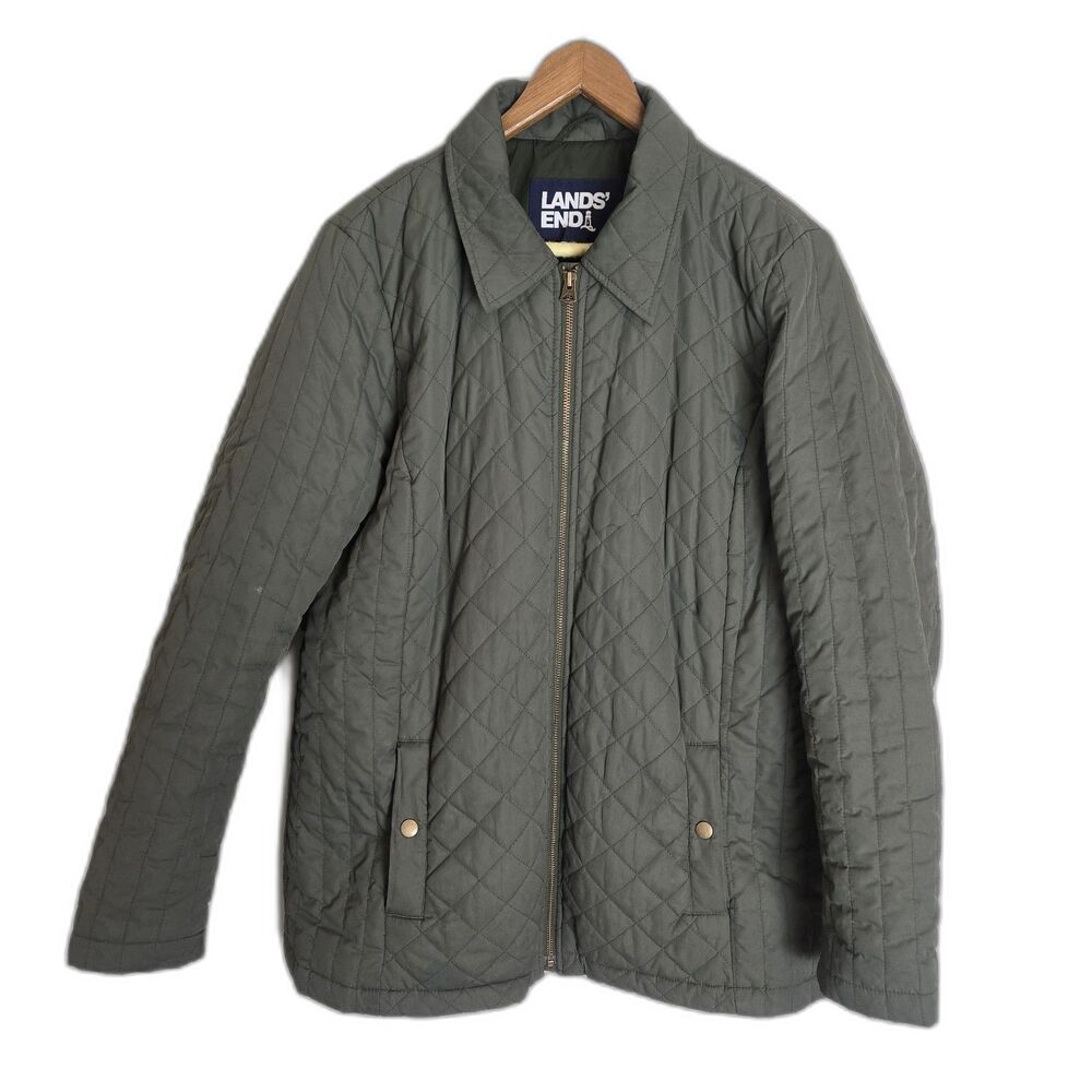 Lands' End Quilted Jacket Women Large Primaloft Full Zip Olive Green